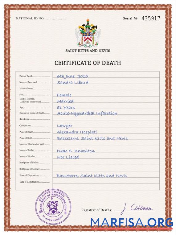 Downloadable Saint Kitts and Nevis death certificate PSD template